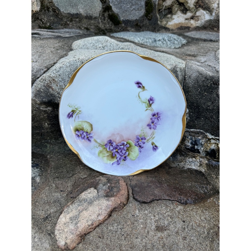 Antiq J&C Louise Bavaria Hand Painted Violet Floral Porcelain Plate Gold Rim 8.5